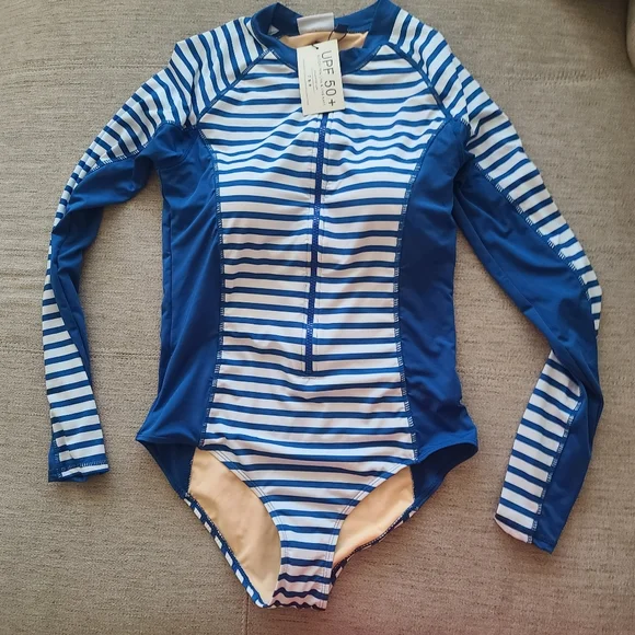 CABANA LIFE Exclusive Road Map Blue/White Stripe Long Sleeve Swim Unisuit Sz Med - Picture 1 of 7